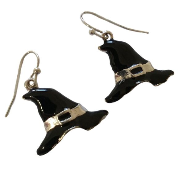 Halloween Earrings Dangle Silver Tone Black Enameled Witch Hat Witchy Witchcore. - Picture 11 of 16